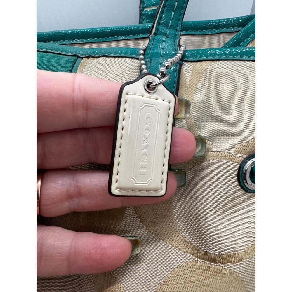 Coach F21949 Signature Stripe Carryall Khaki Jade Green Purse Near Mint - Picture 2 of 12